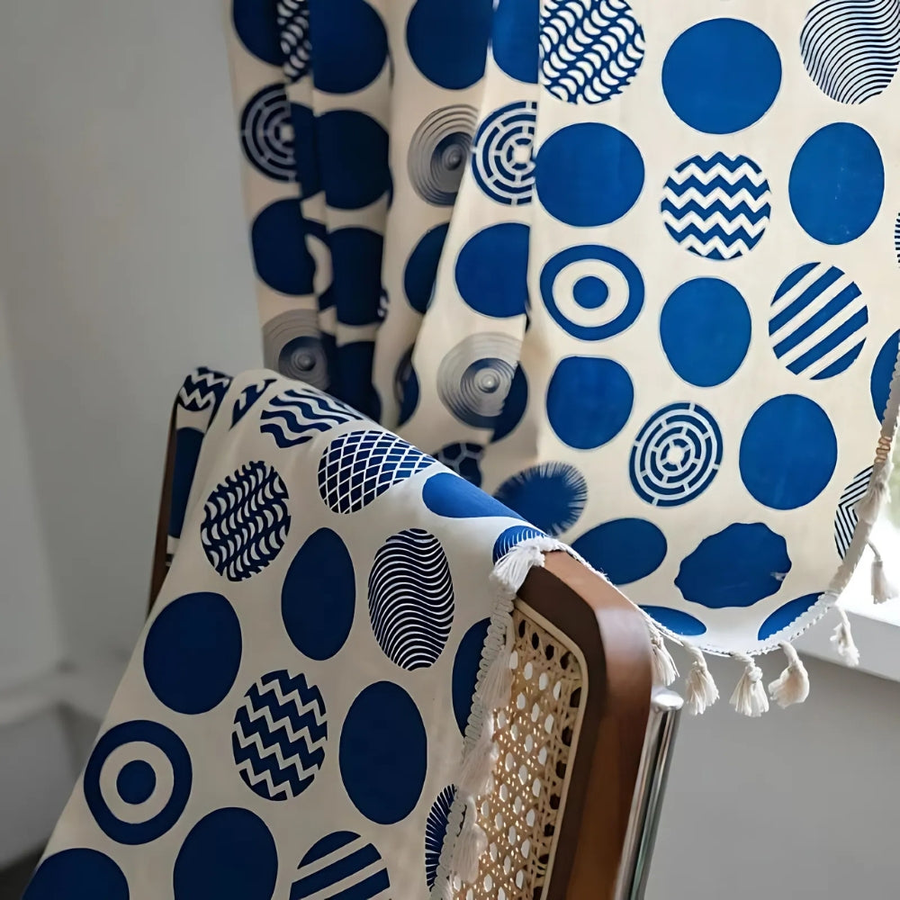 RetroDots: Blue Curtain with Polka Dot Pattern & Tassels – Decorative for Living Room & Bedroom