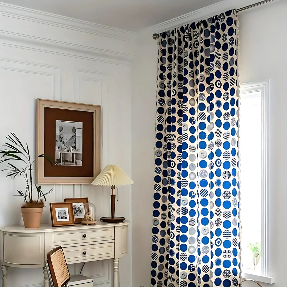 RetroDots: Blue Curtain with Polka Dot Pattern & Tassels – Decorative for Living Room & Bedroom
