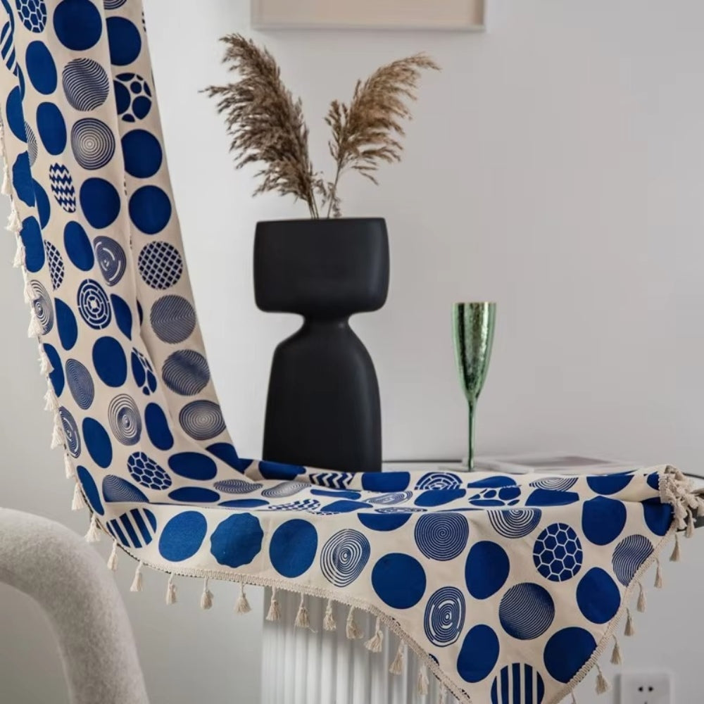 RetroDots: Blue Curtain with Polka Dot Pattern & Tassels – Decorative for Living Room & Bedroom