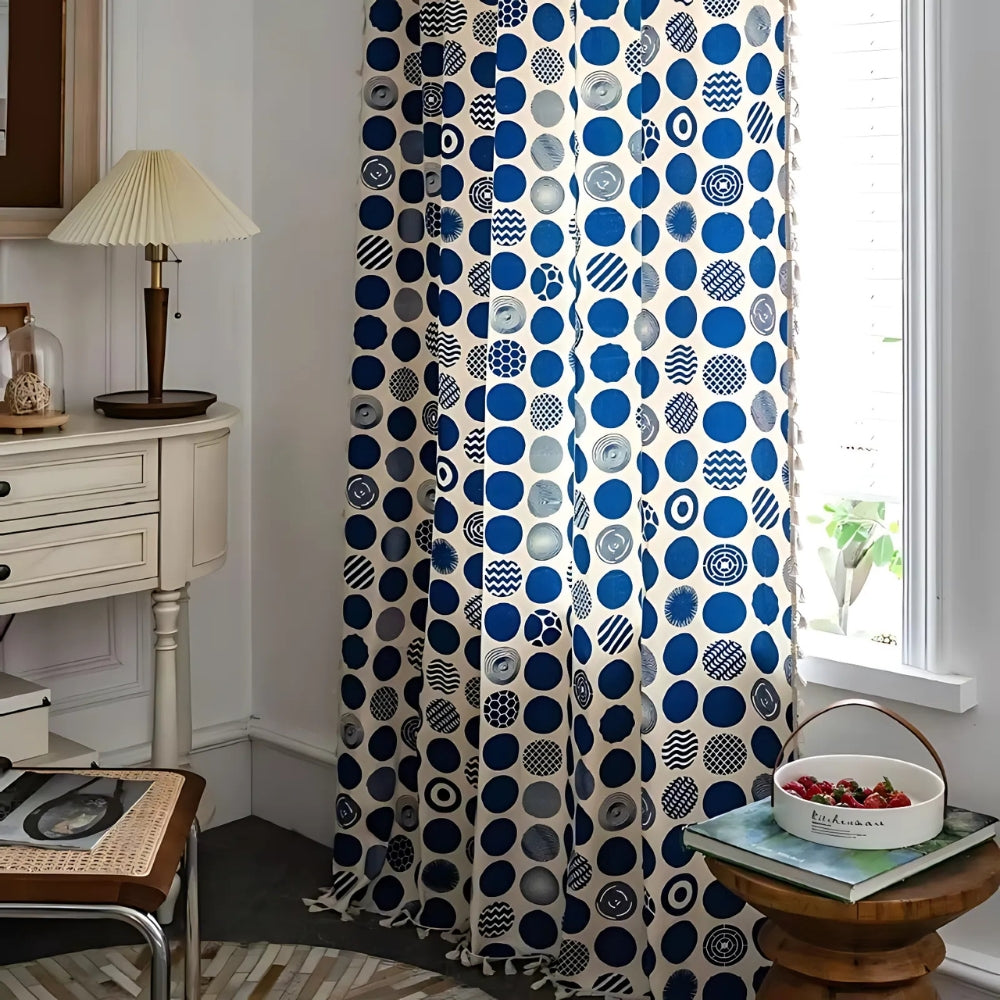 RetroDots: Blue Curtain with Polka Dot Pattern & Tassels – Decorative for Living Room & Bedroom