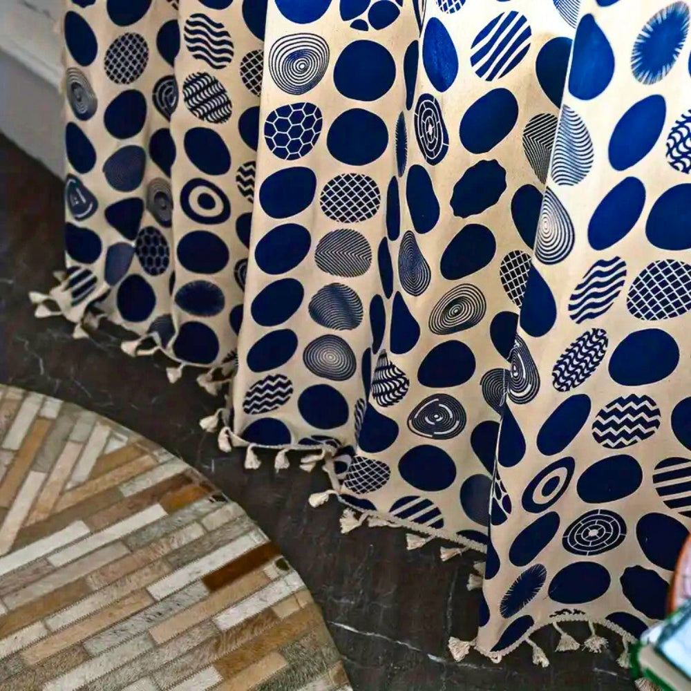 RetroDots: Blue Curtain with Polka Dot Pattern & Tassels – Decorative for Living Room & Bedroom
