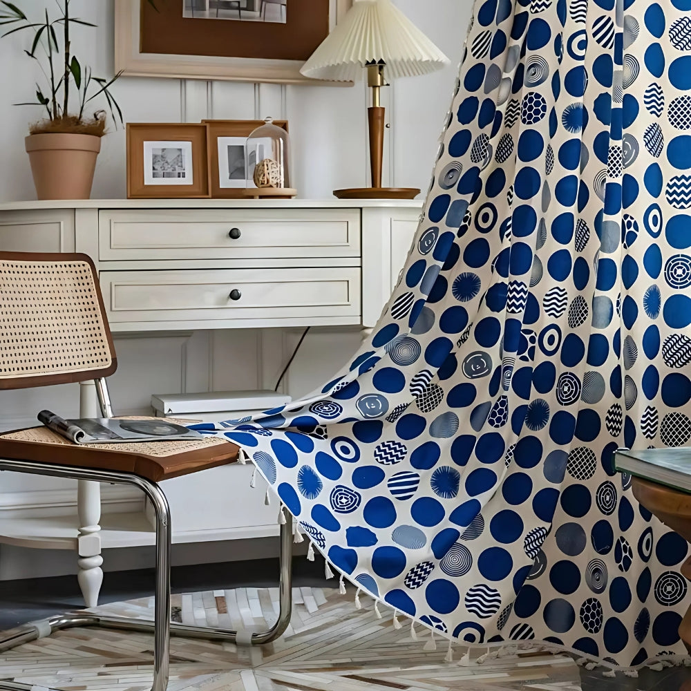 RetroDots: Blue Curtain with Polka Dot Pattern & Tassels – Decorative for Living Room & Bedroom