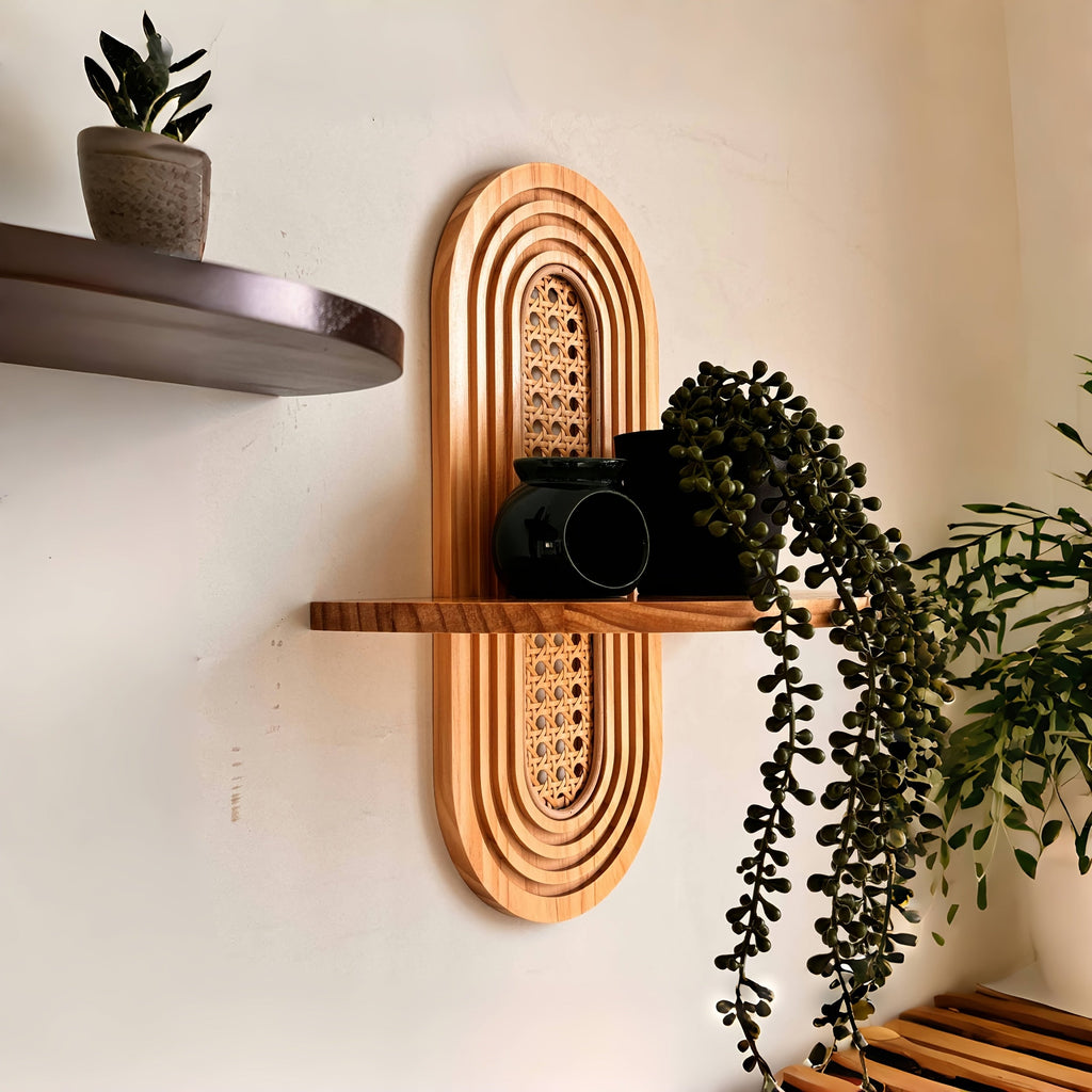 RetroRattan: Wooden Wall Shelf – Decorative, Floating & Stylish in Boho Design for Living Room & Bedroom