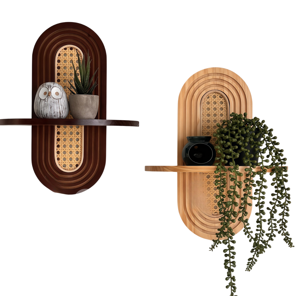 RetroRattan: Wooden Wall Shelf – Decorative, Floating & Stylish in Boho Design for Living Room & Bedroom