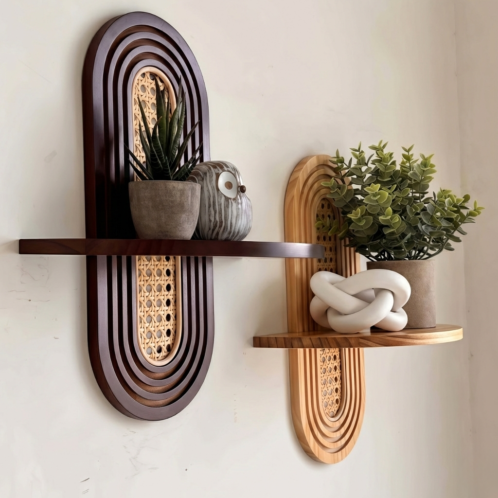 RetroRattan: Wooden Wall Shelf – Decorative, Floating & Stylish in Boho Design for Living Room & Bedroom