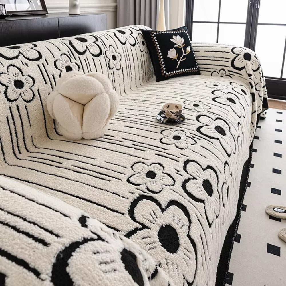 Rosalia: Sofa cover in embroidered floral pattern made of soft microfiber with decorative texture – for sofa & living room