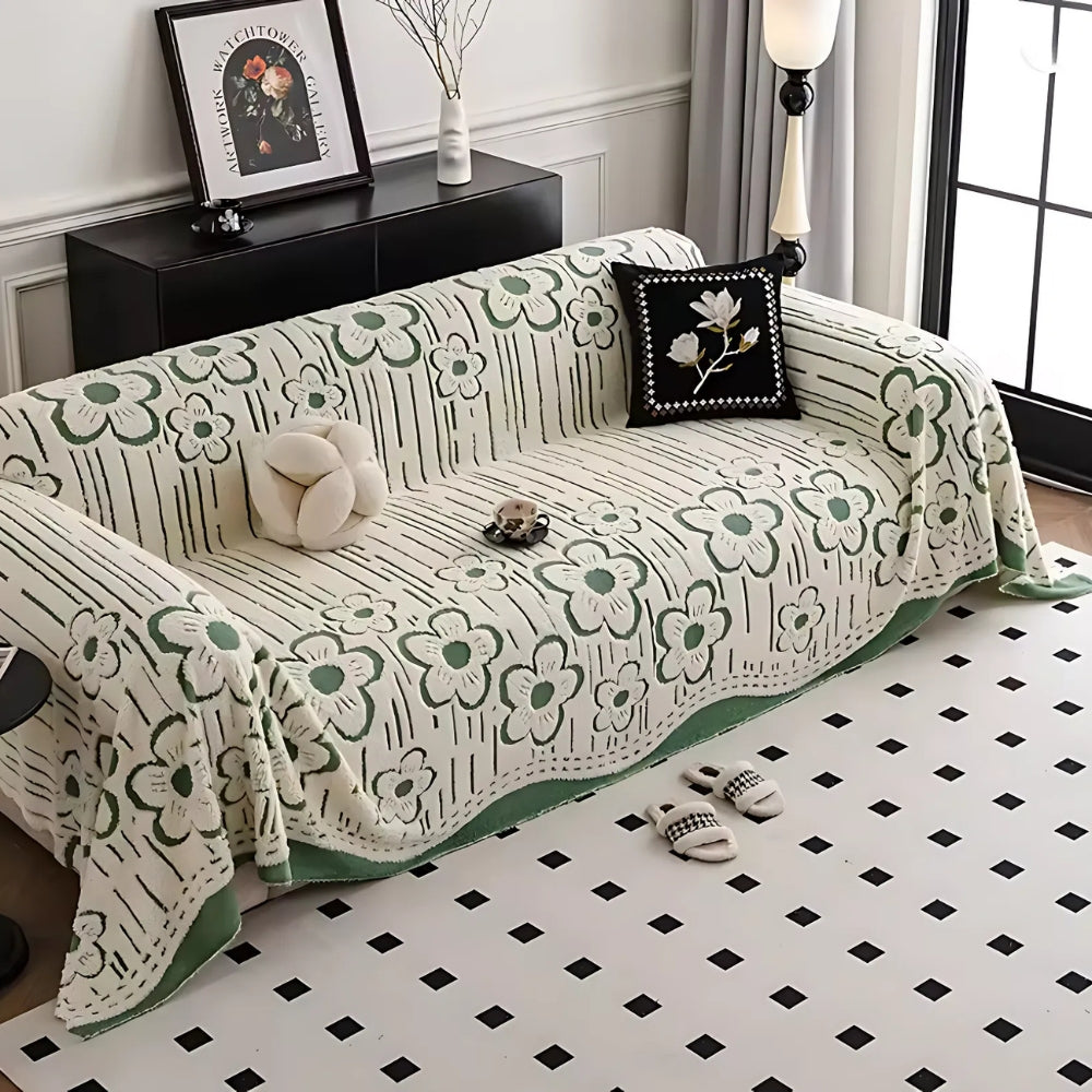 Rosalia: Sofa cover in embroidered floral pattern made of soft microfiber with decorative texture – for sofa & living room