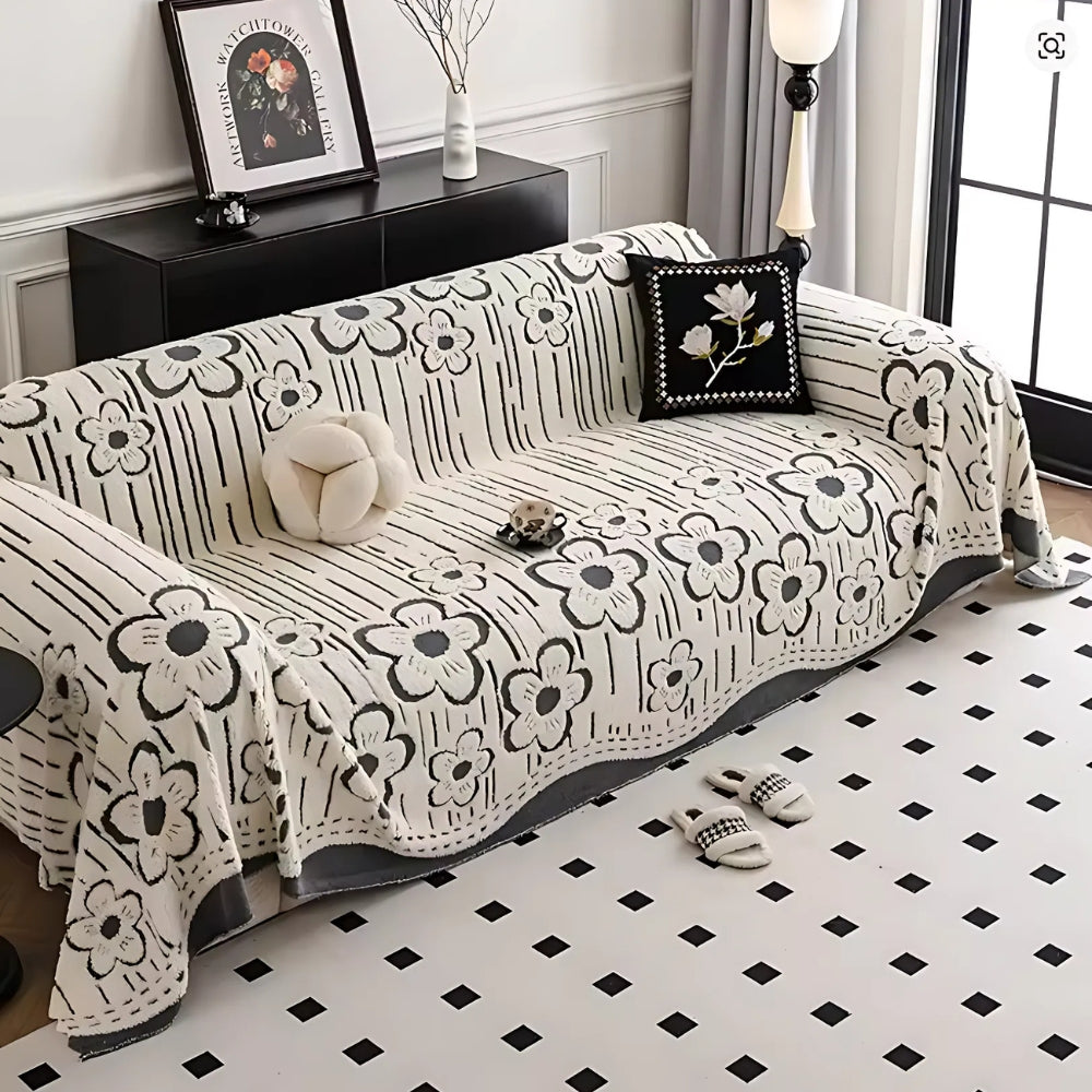 Rosalia: Sofa cover in embroidered floral pattern made of soft microfiber with decorative texture – for sofa & living room