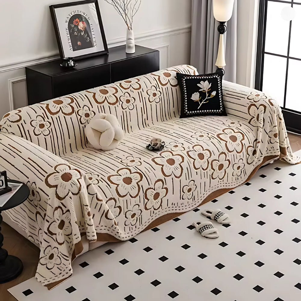 Rosalia: Sofa cover in embroidered floral pattern made of soft microfiber with decorative texture – for sofa & living room