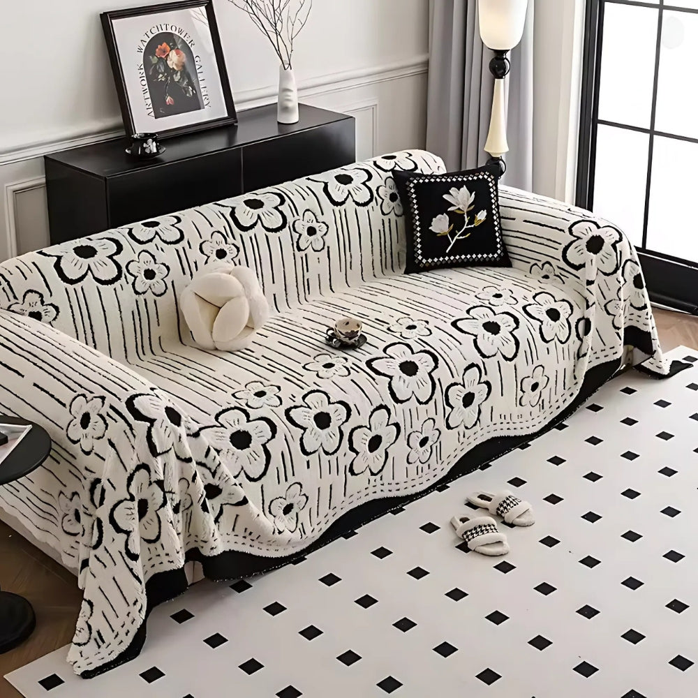 Rosalia: Sofa cover in embroidered floral pattern made of soft microfiber with decorative texture – for sofa & living room