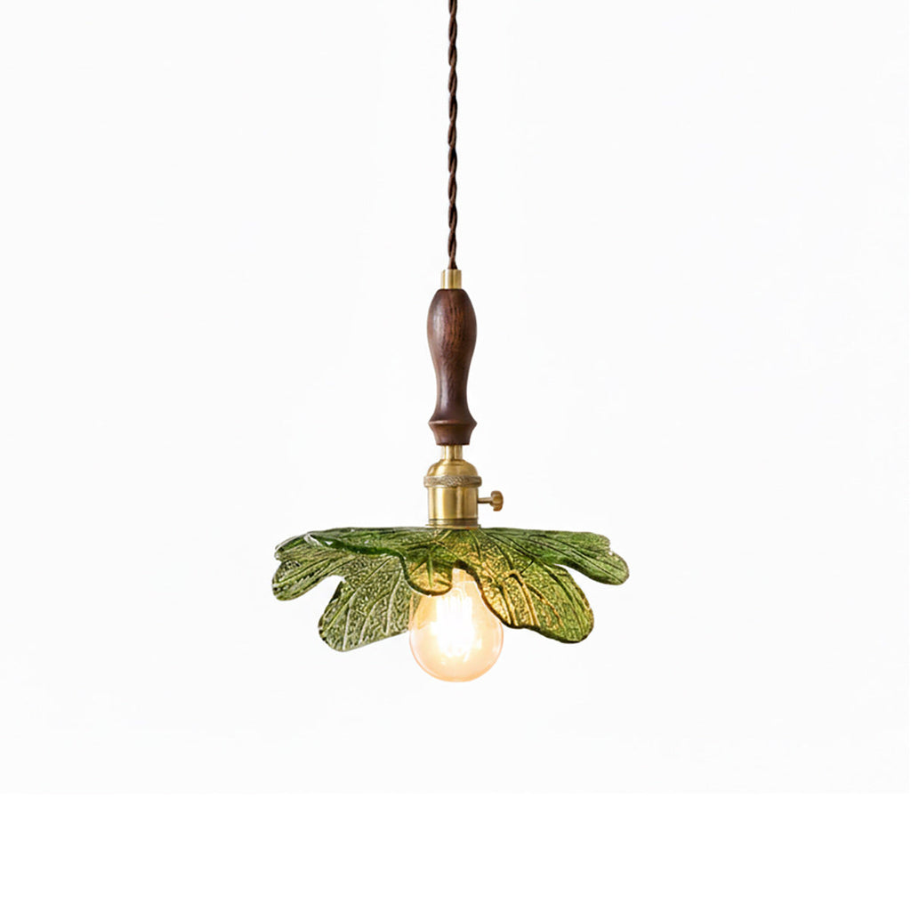 Green Glass & Walnut Pendant Light with Brass