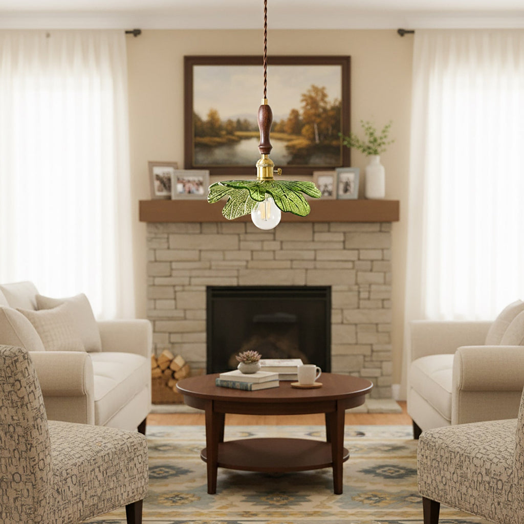 Green Glass & Walnut Pendant Light with Brass