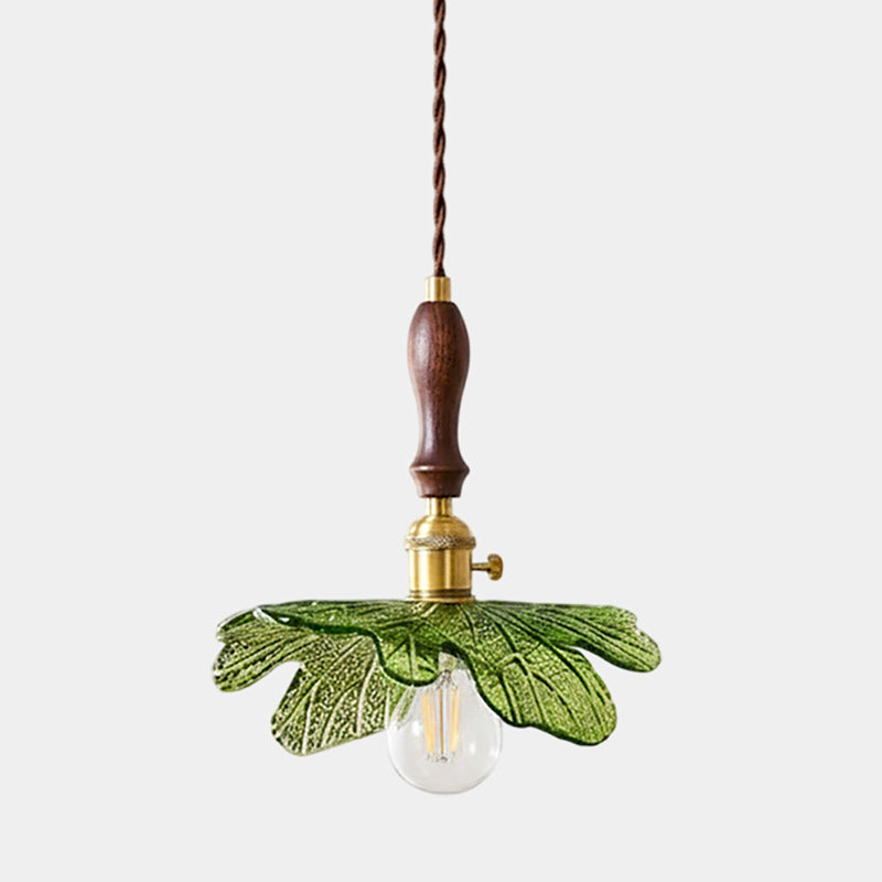 Green Glass & Walnut Pendant Light with Brass