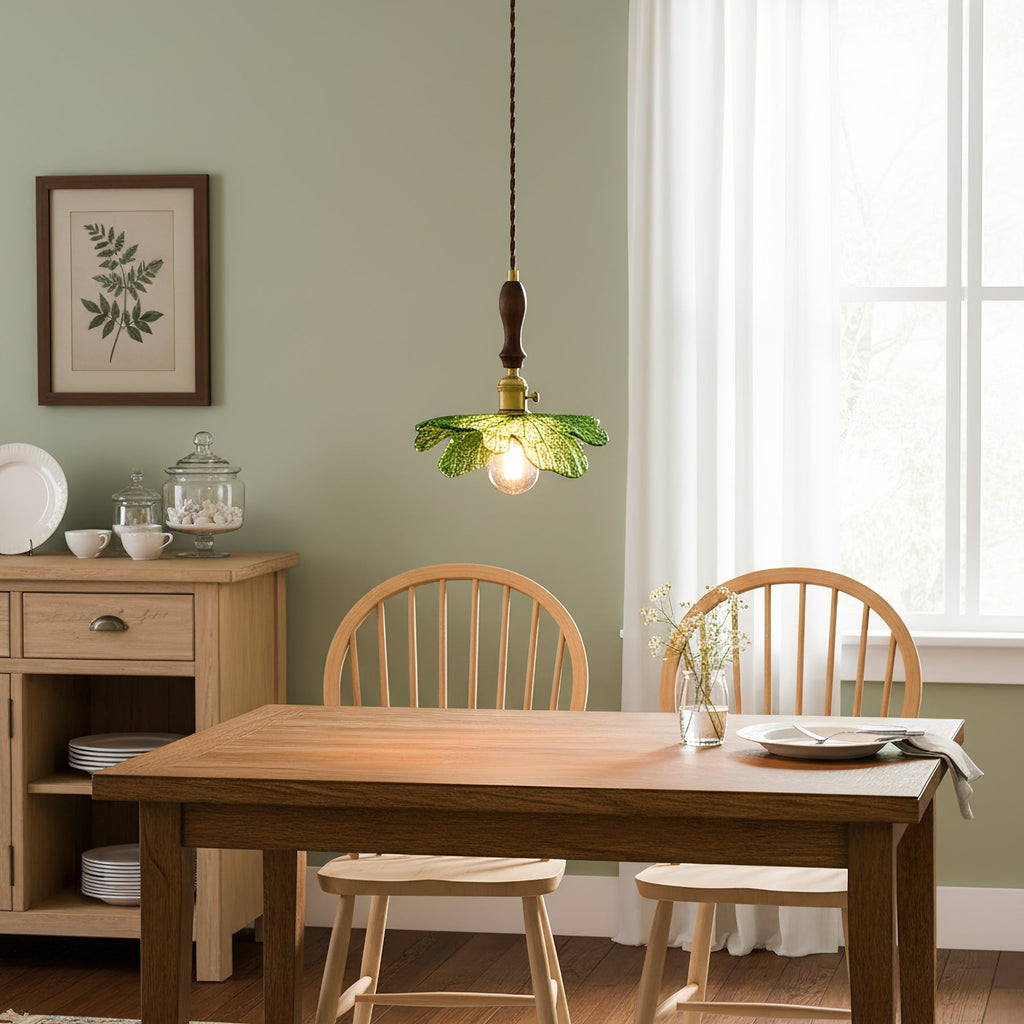 Green Glass & Walnut Pendant Light with Brass