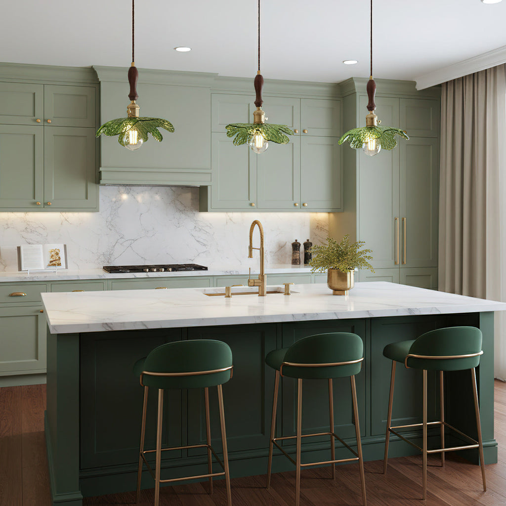 Green Glass & Walnut Pendant Light with Brass