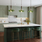 Green Glass & Walnut Pendant Light with Brass