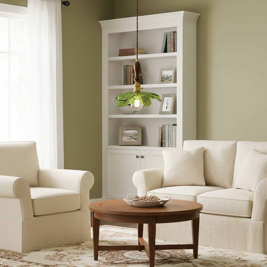 Green Glass & Walnut Pendant Light with Brass