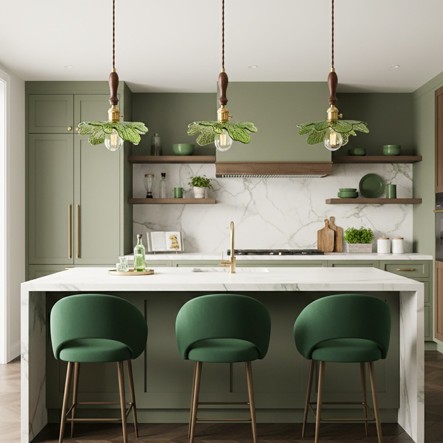 Green Glass & Walnut Pendant Light with Brass