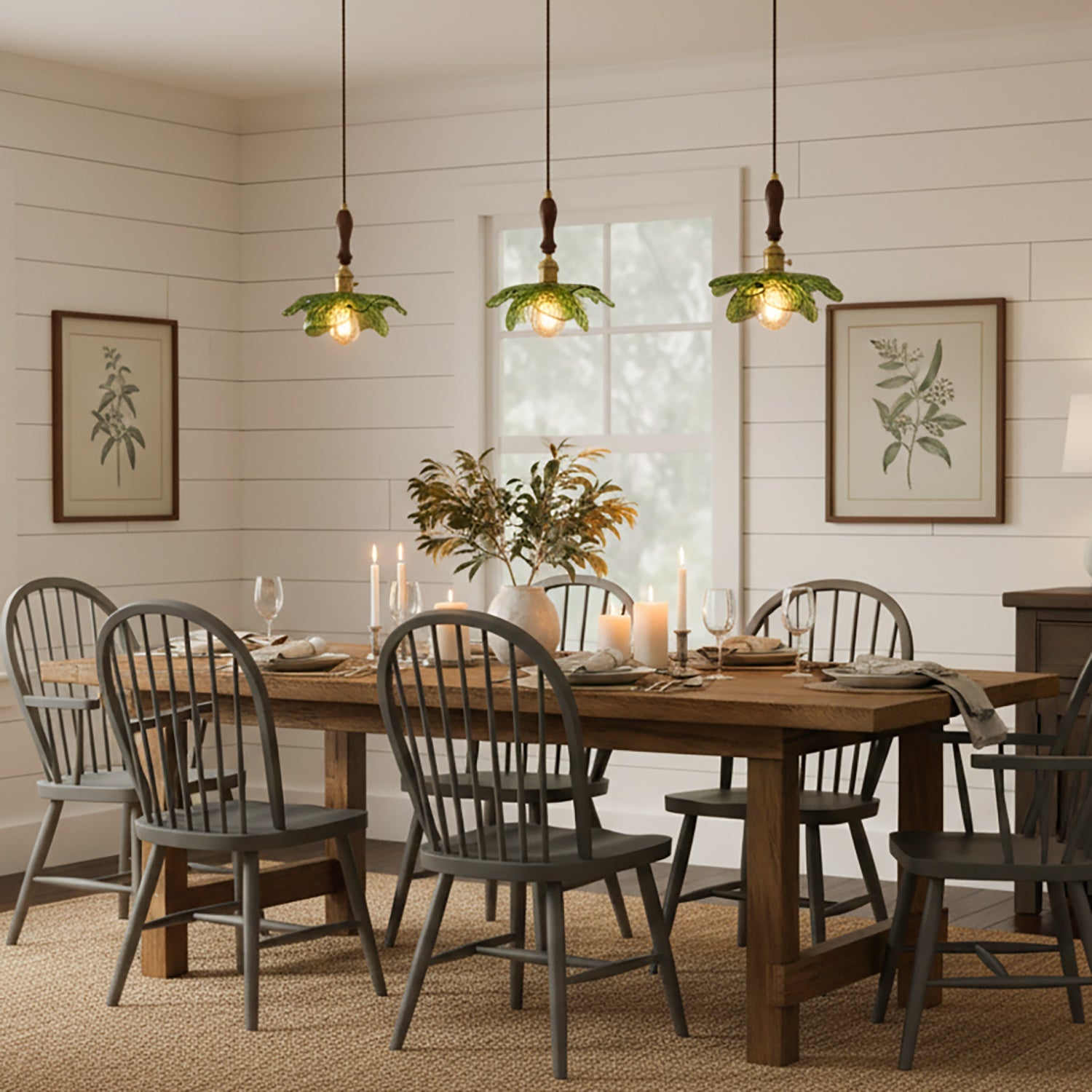 Green Glass & Walnut Pendant Light with Brass