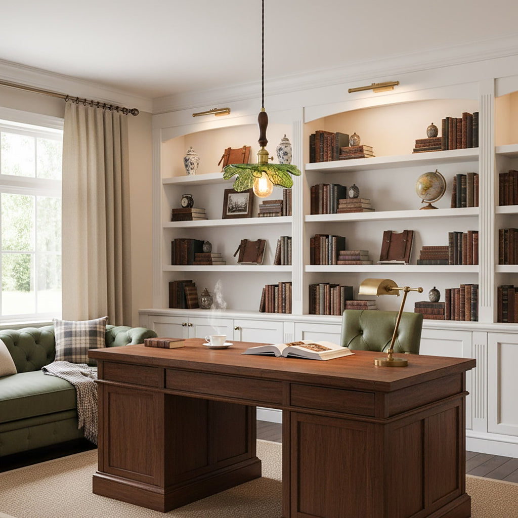 Green Glass & Walnut Pendant Light with Brass