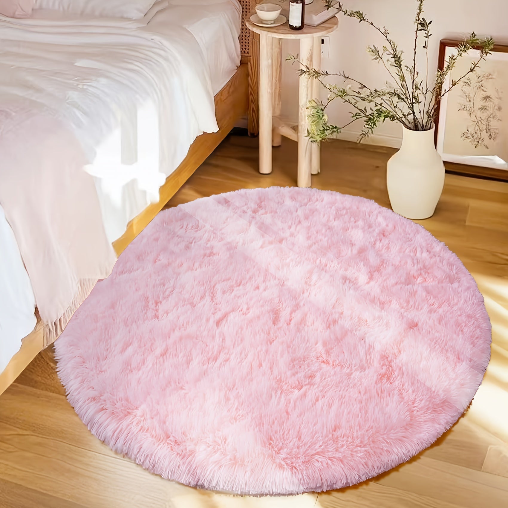 RoséDream: Round Pink Fluffy Rug – Decorative for Living Room, Bedroom & Christmas Decoration