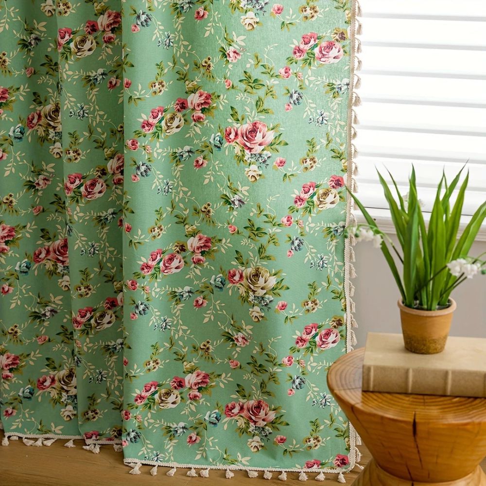 Rose Garden Green: Curtain with Rose Pattern & Tassels – Semi-Transparent & Decorative for Living Room & Bedroom