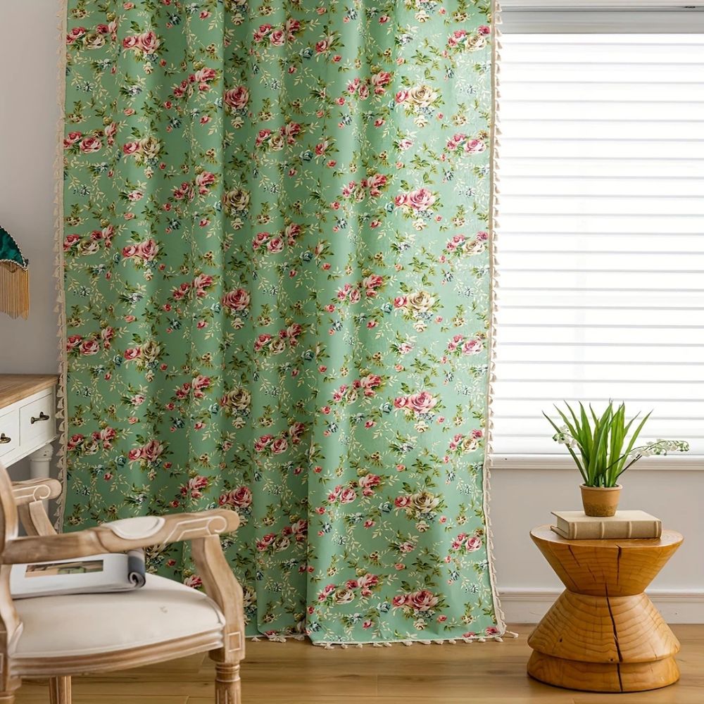 Rose Garden Green: Curtain with Rose Pattern & Tassels – Semi-Transparent & Decorative for Living Room & Bedroom