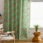 Rose Garden Green: Curtain with Rose Pattern & Tassels – Semi-Transparent & Decorative for Living Room & Bedroom