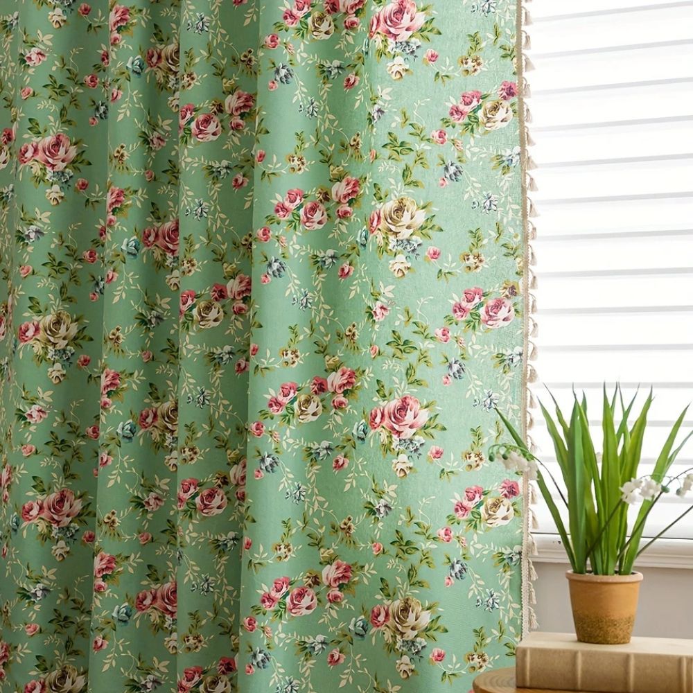 Rose Garden Green: Curtain with Rose Pattern & Tassels – Semi-Transparent & Decorative for Living Room & Bedroom