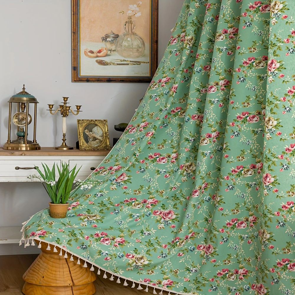 Rose Garden Green: Curtain with Rose Pattern & Tassels – Semi-Transparent & Decorative for Living Room & Bedroom