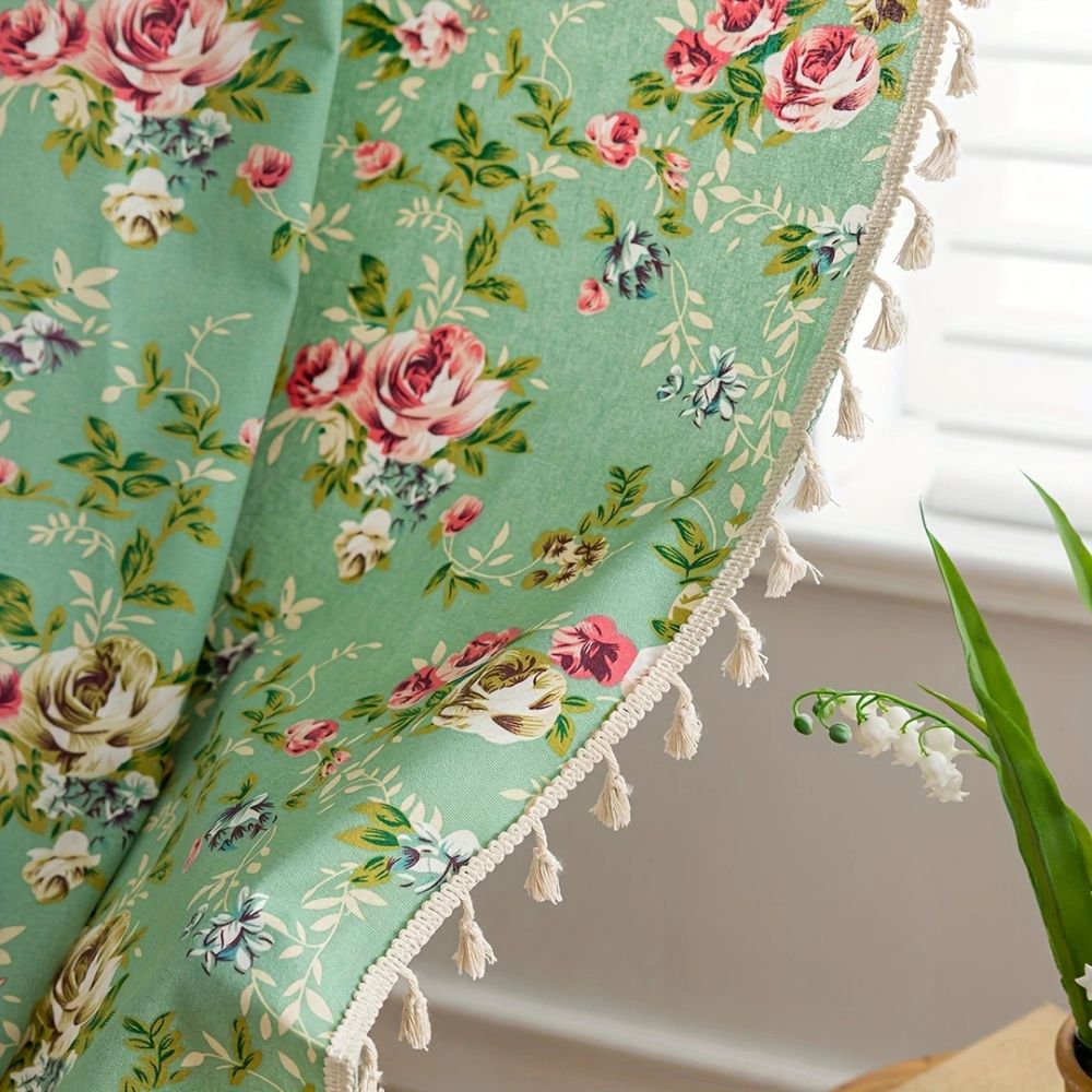 Rose Garden Green: Curtain with Rose Pattern & Tassels – Semi-Transparent & Decorative for Living Room & Bedroom