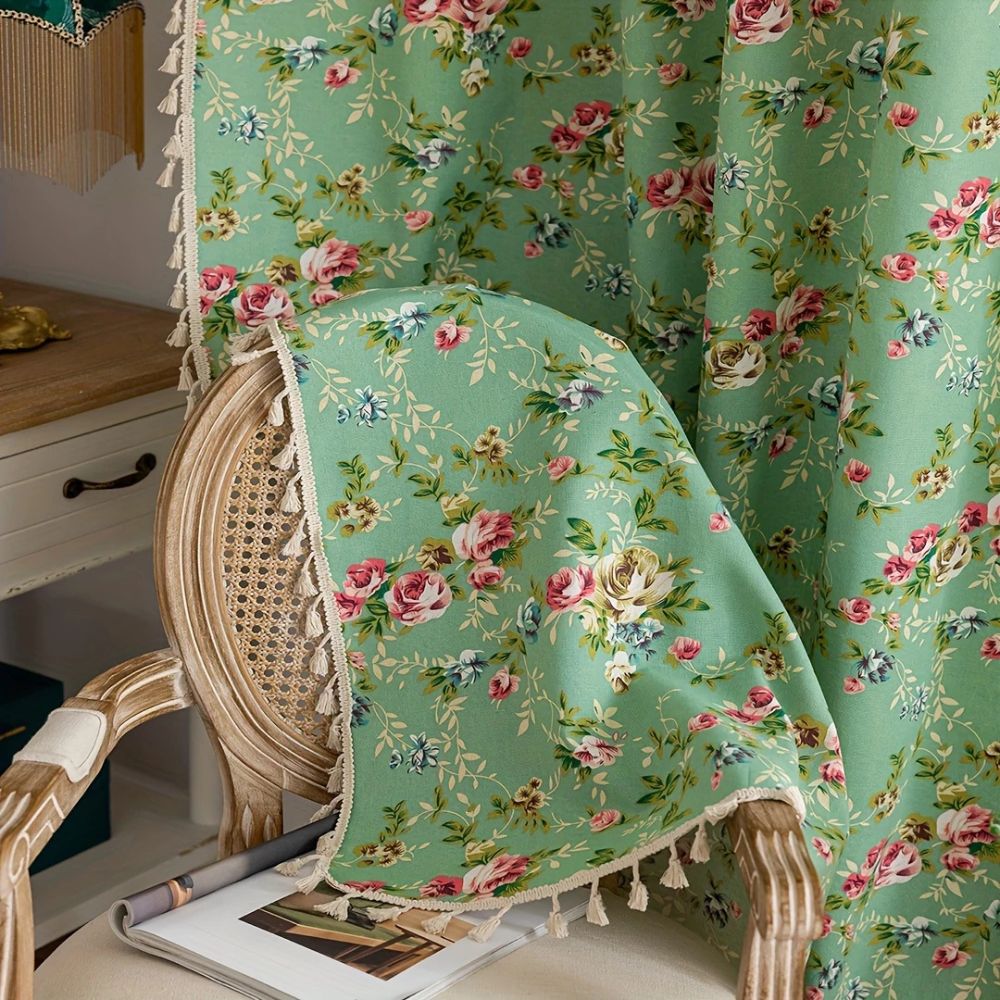 Rose Garden Green: Curtain with Rose Pattern & Tassels – Semi-Transparent & Decorative for Living Room & Bedroom