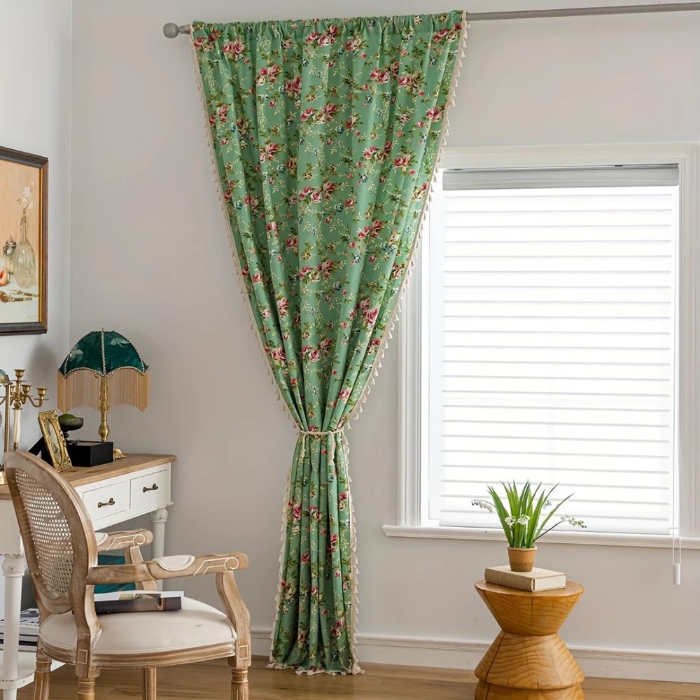 Rose Garden Green: Curtain with Rose Pattern & Tassels – Semi-Transparent & Decorative for Living Room & Bedroom