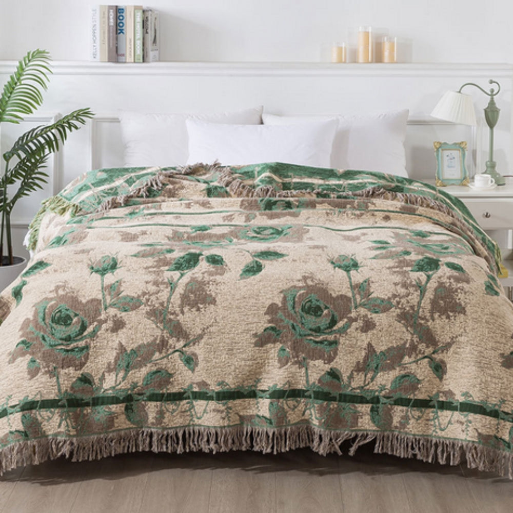 Rosewood Grace: Elegant Cotton Blanket with Jacquard Floral Pattern & Light Texture – for Sofa & Bedroom