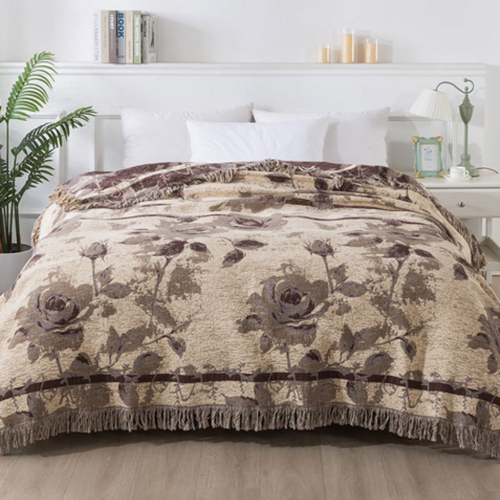 Rosewood Grace: Elegant Cotton Blanket with Jacquard Floral Pattern & Light Texture – for Sofa & Bedroom