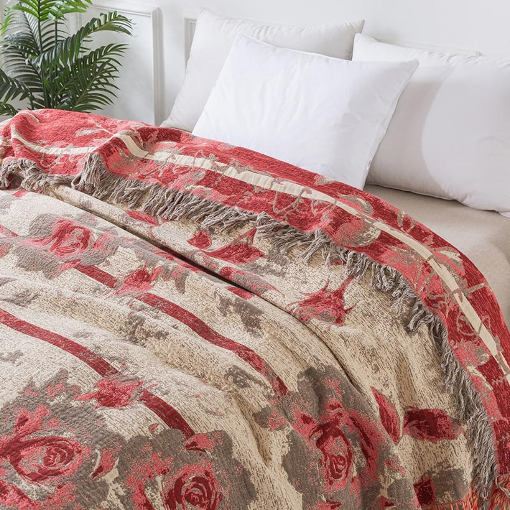 Rosewood Grace: Elegant Cotton Blanket with Jacquard Floral Pattern & Light Texture – for Sofa & Bedroom