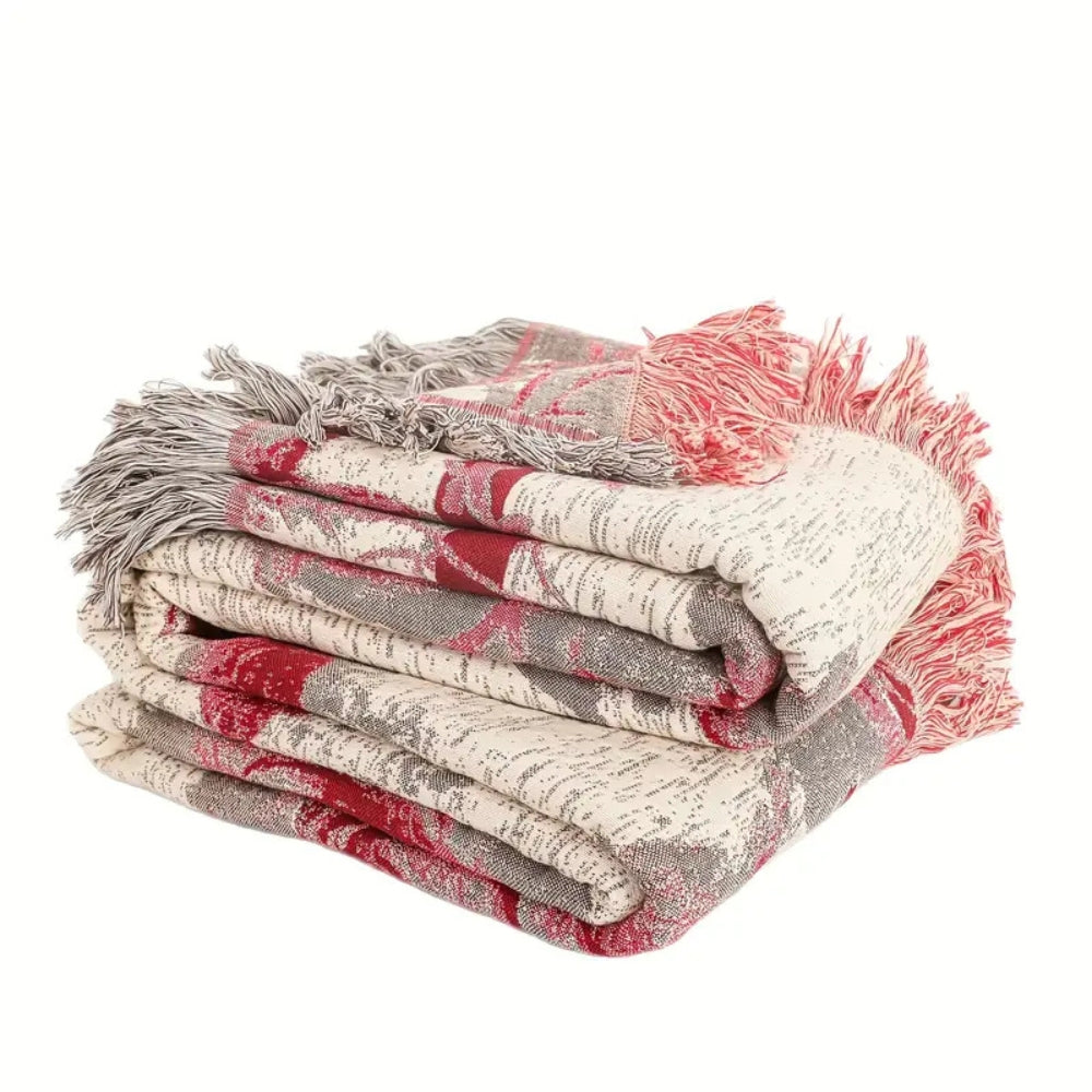 Rosewood Grace: Elegant Cotton Blanket with Jacquard Floral Pattern & Light Texture – for Sofa & Bedroom