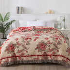 Rosewood Grace: Elegant Cotton Blanket with Jacquard Floral Pattern & Light Texture – for Sofa & Bedroom