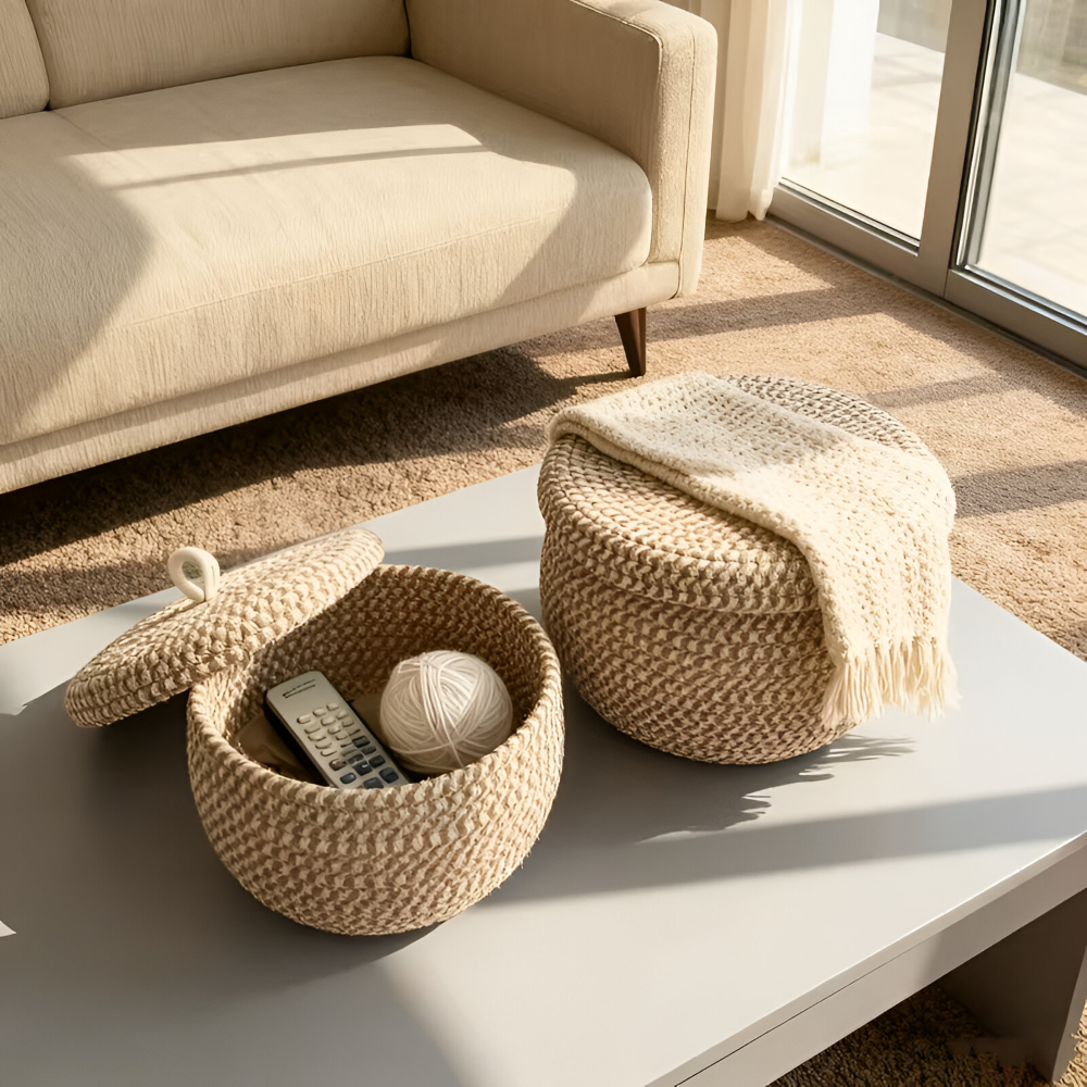 Storage Basket Round Jute Cotton Weave with Lid