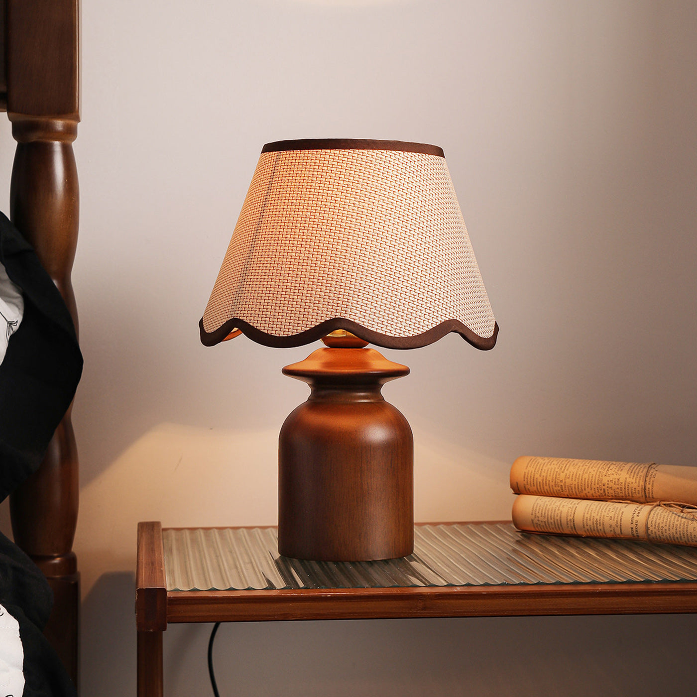 Rowan Scalloped Linen & Walnut Table Lamp