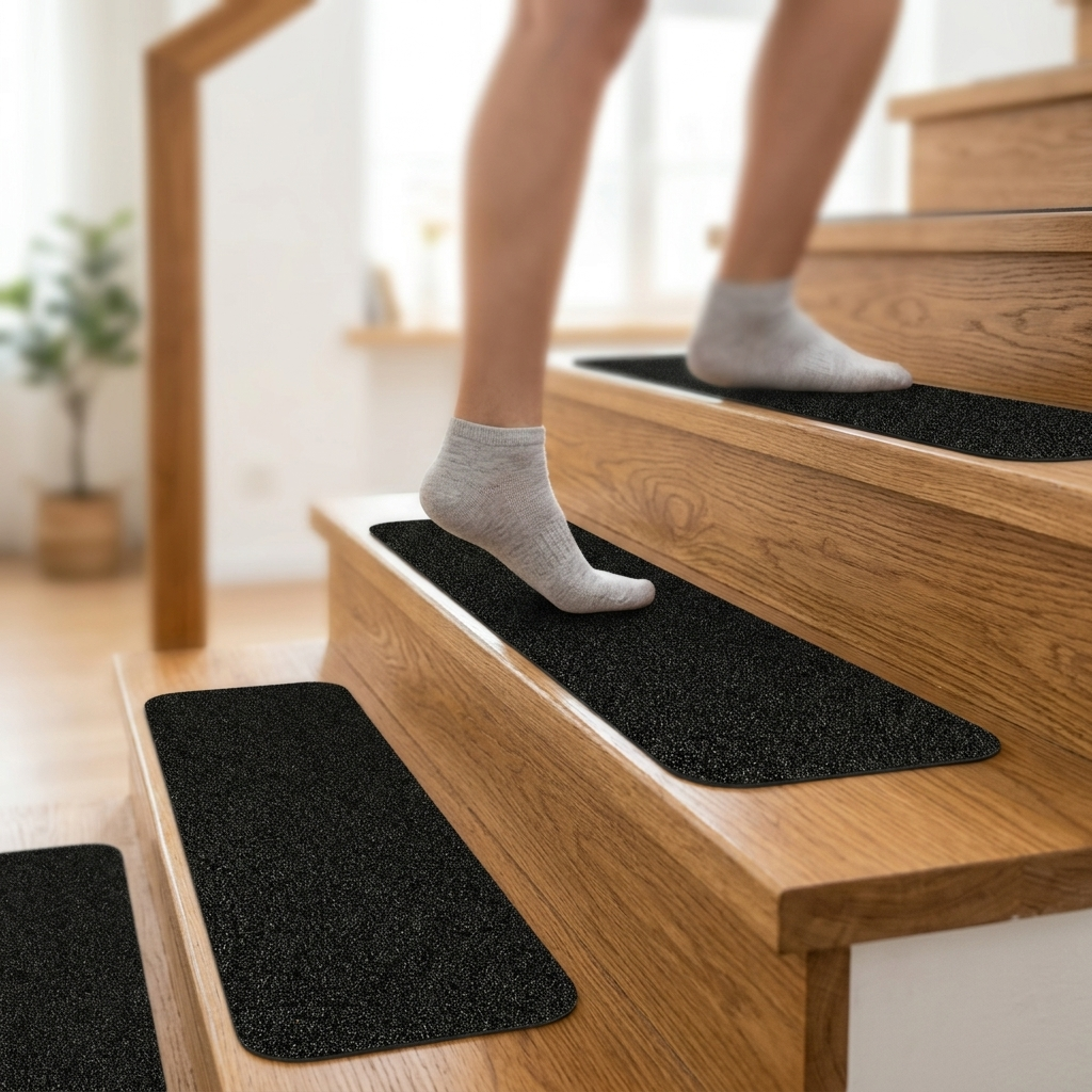 Rubber Stair Tread Strips 80 Grit Anti Slip Surface Pre Cut Design 6 Pack Indoor Outdoor