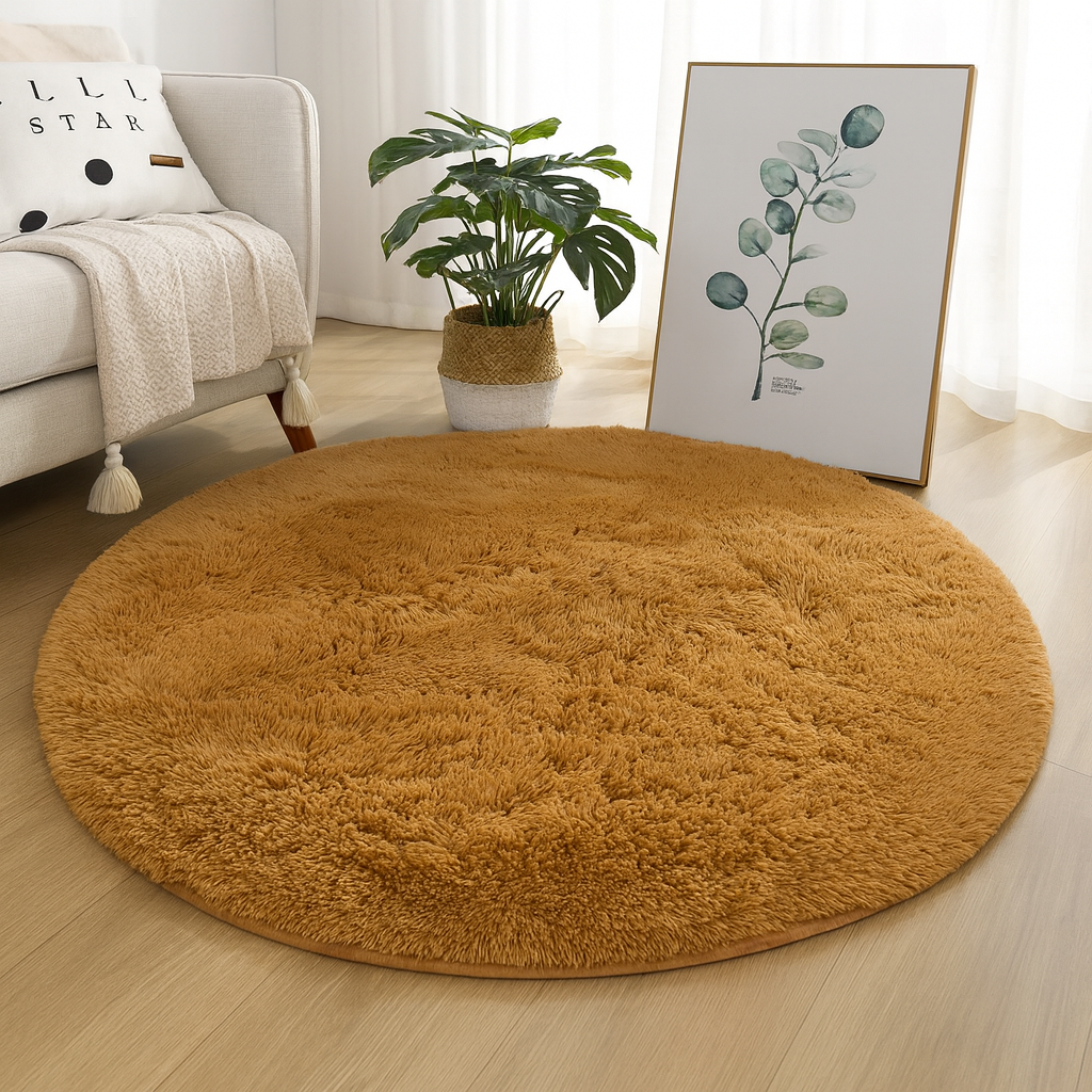 Round Floor Rug Silk Wool Blend Neutral Tones Textured Surface Multiple Sizes