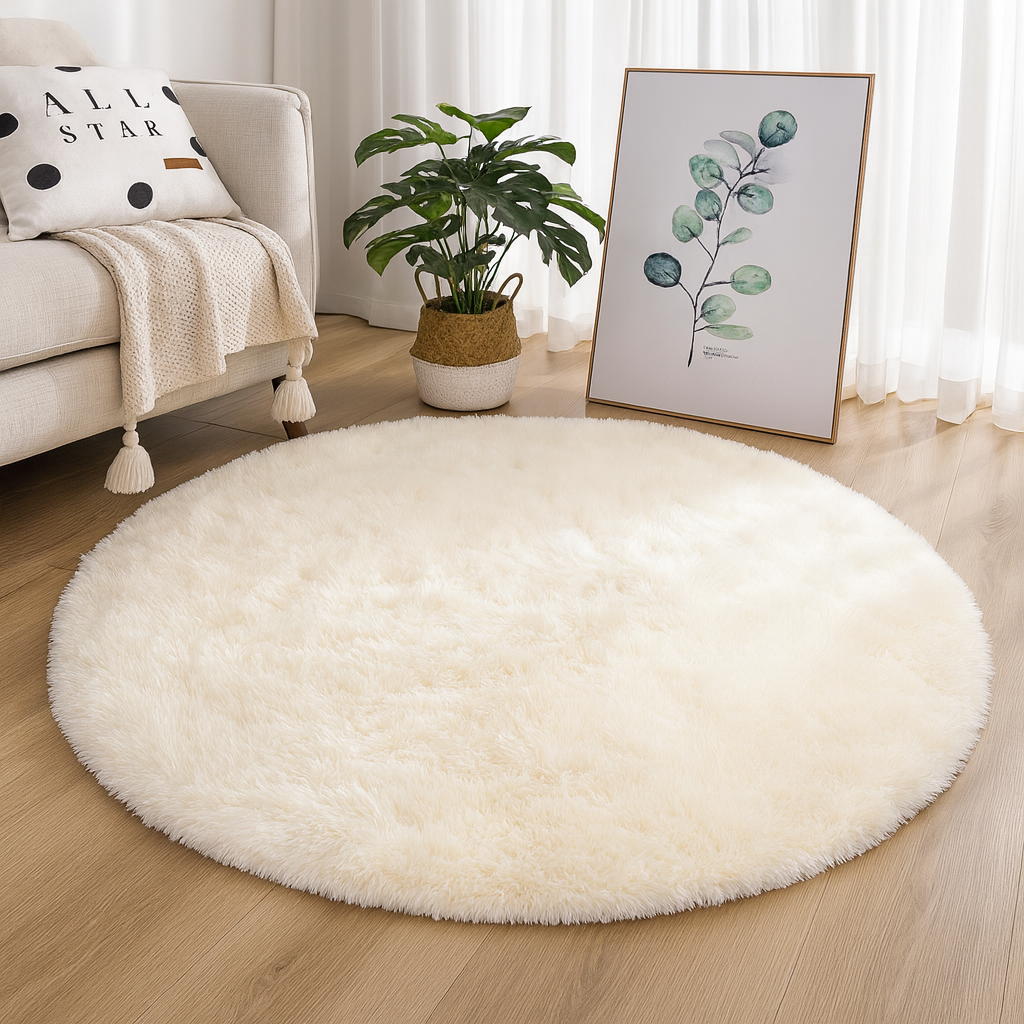 Round Floor Rug Silk Wool Blend Neutral Tones Textured Surface Multiple Sizes