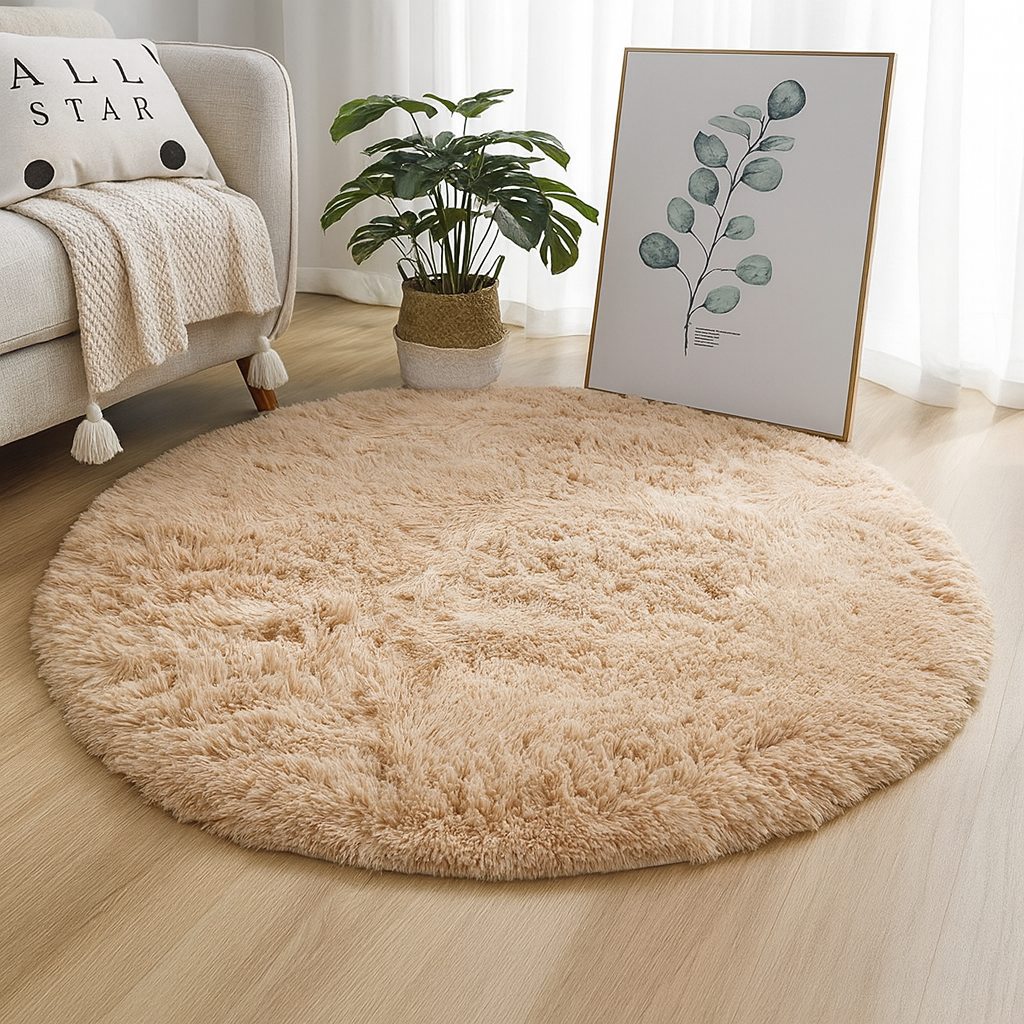 Round Floor Rug Silk Wool Blend Neutral Tones Textured Surface Multiple Sizes