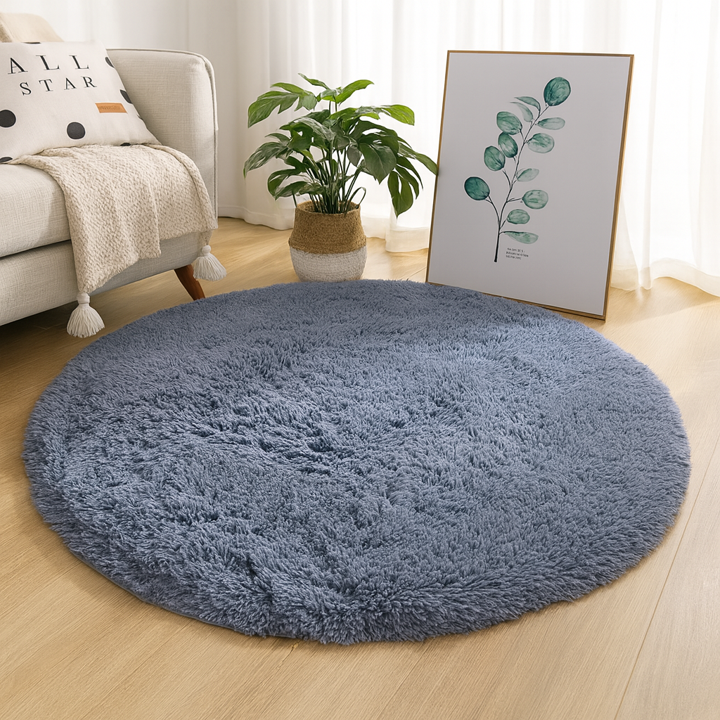 Round Floor Rug Silk Wool Blend Neutral Tones Textured Surface Multiple Sizes
