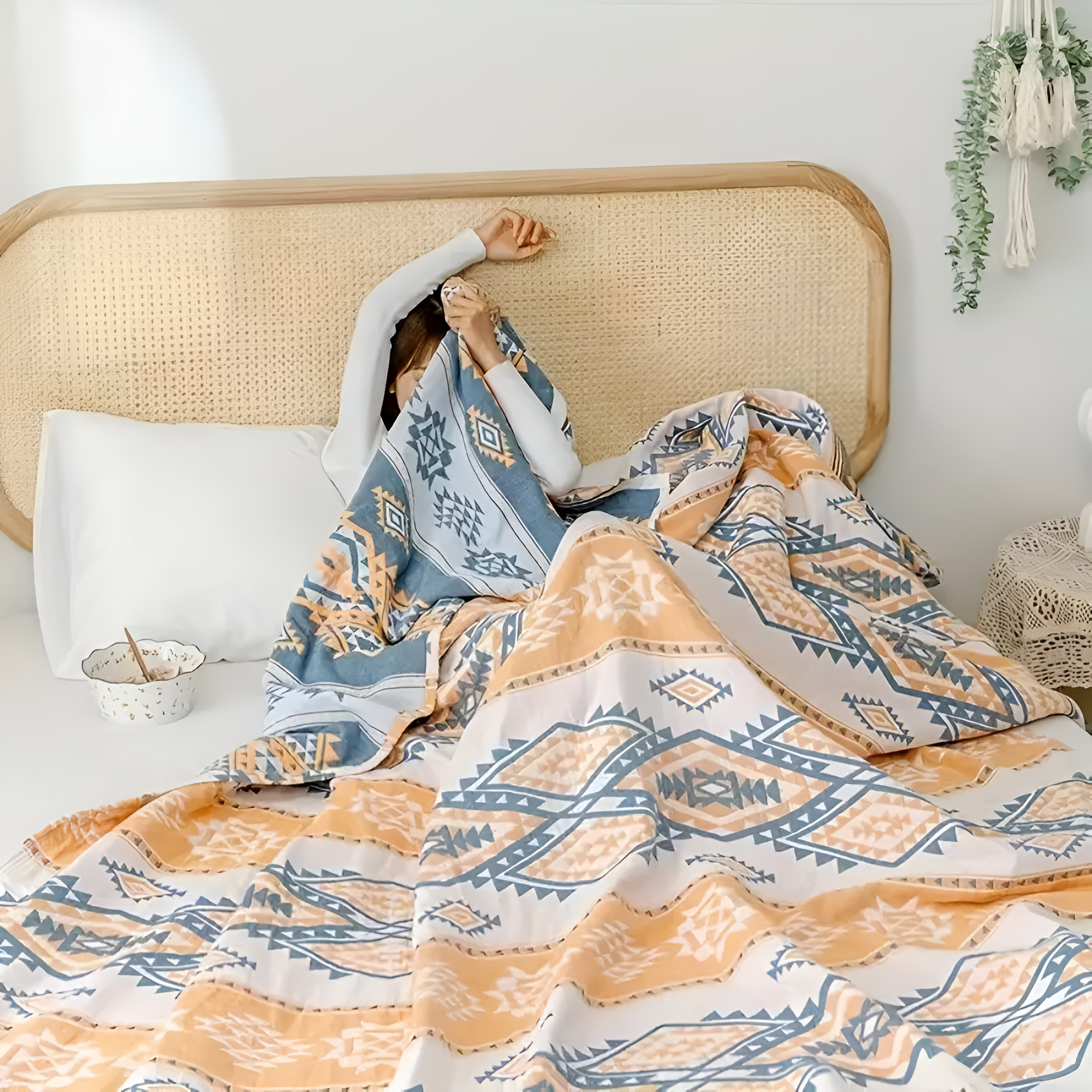 RuhigerBoho: Cozy Cotton Blanket with Geometric Jacquard & Boho Look – for Couch & Bed