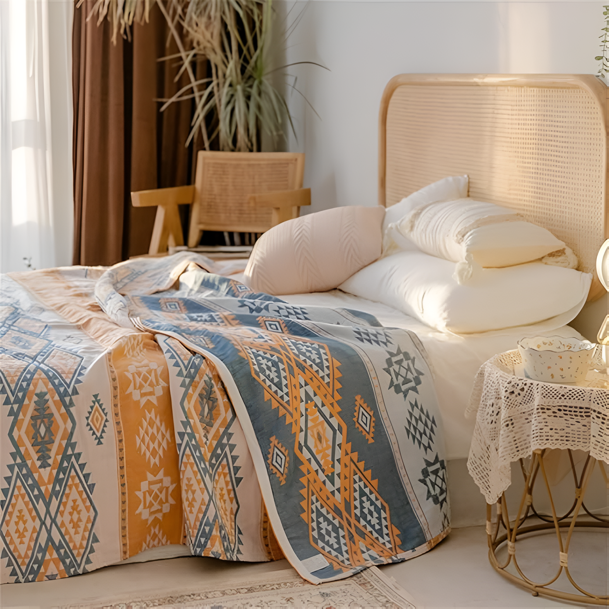 RuhigerBoho: Cozy Cotton Blanket with Geometric Jacquard & Boho Look – for Couch & Bed