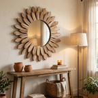 Wall Mirror Round Sunburst Solid Wood Natural Finish