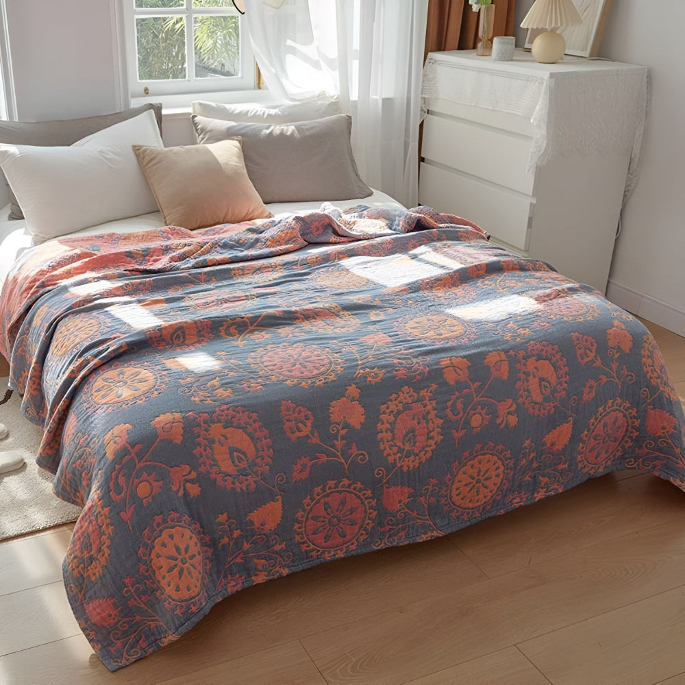 RusticaWebstuhl: Decorative Cotton Blanket with Floral Design & Rustic Charm – for Bedroom & Living Room