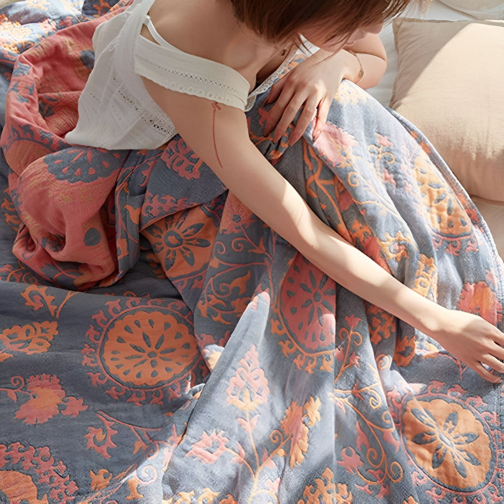 RusticaWebstuhl: Decorative Cotton Blanket with Floral Design & Rustic Charm – for Bedroom & Living Room